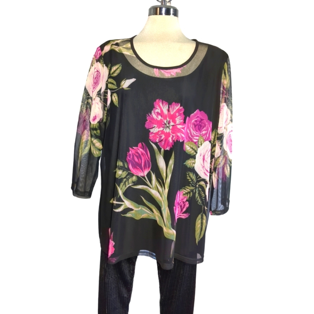 VICTORIA COLLECTION Black Mesh And Pink Floral Elegant Blouse Size Plus XXL
